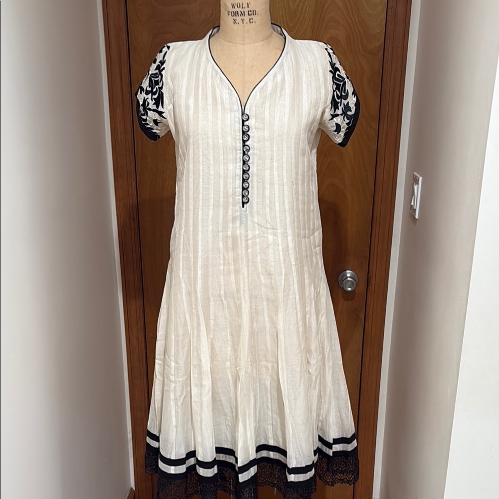 Linen Ivory and Black Embroidered Dress